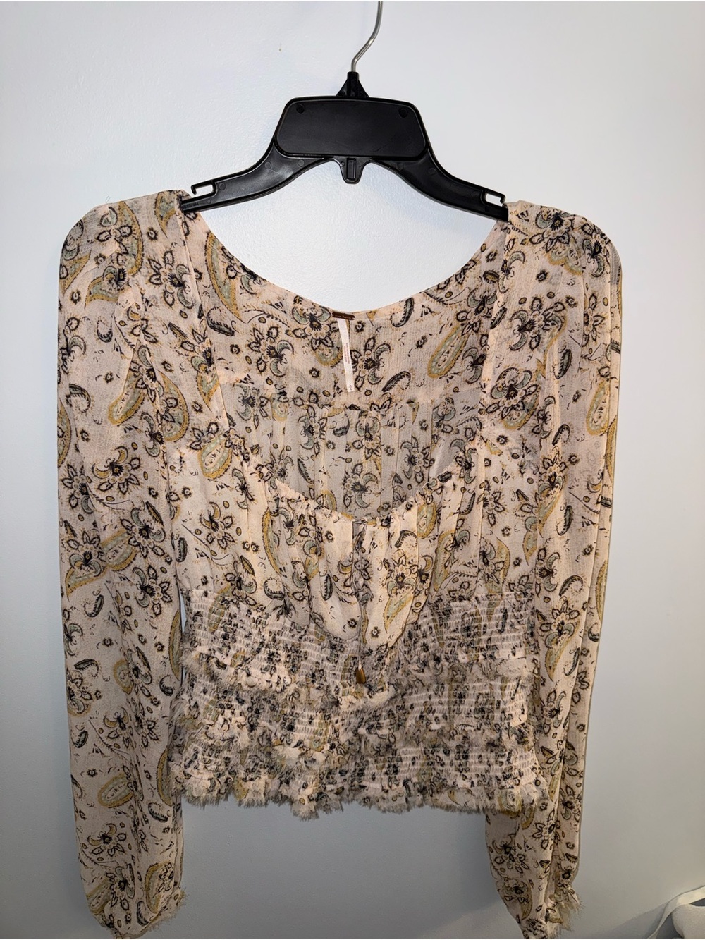 Free People Cream Paisley Smocked-Waist Long-Sleeve Blouse